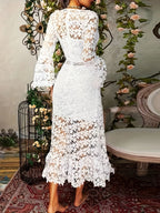 Alejandra Minimalist Cotton Guipure Lace V Neck Long Sleeves Aprons Cocktail Festive Dress for Women Evening Wear Edit