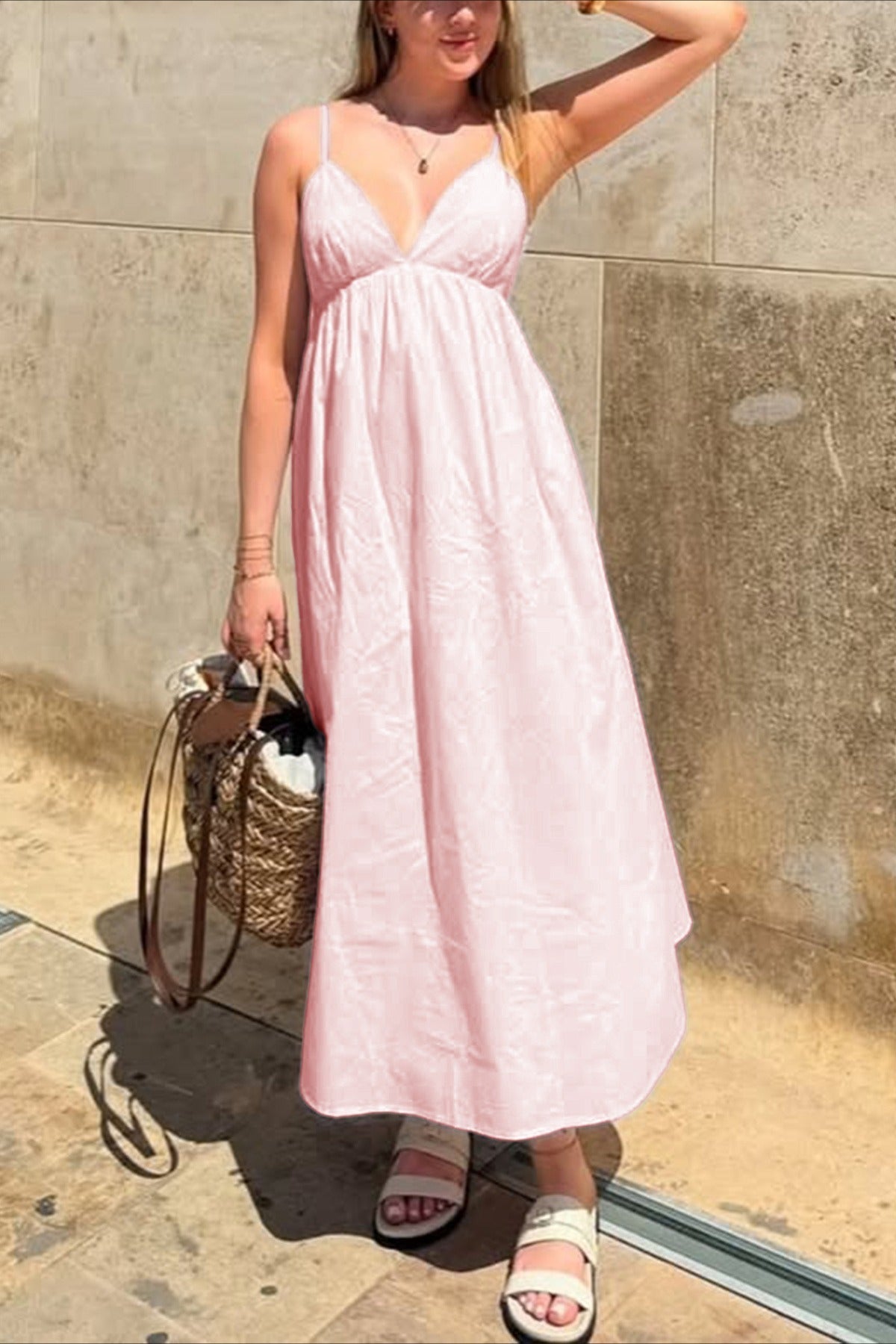 Spaghetti Strap Deep V Neck Empire Waist Flowy Maxi Dress