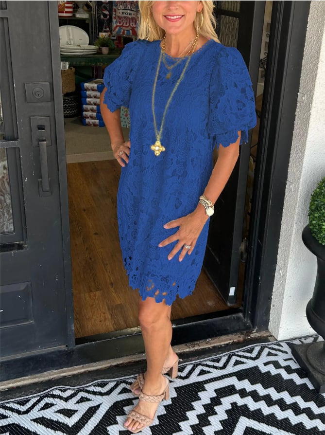 Floral Lace Scalloped Puff Sleeve Crew Neck Shift Mini Dress