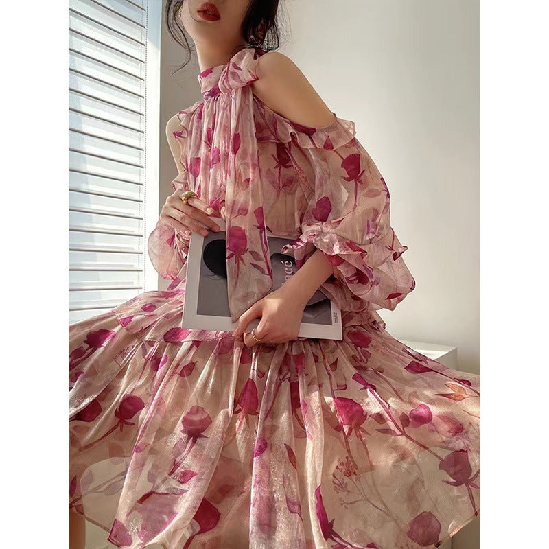 Floral Print Cold Shoulder Mock Neck Tie Bow Lantern Sleeve Mini Dress