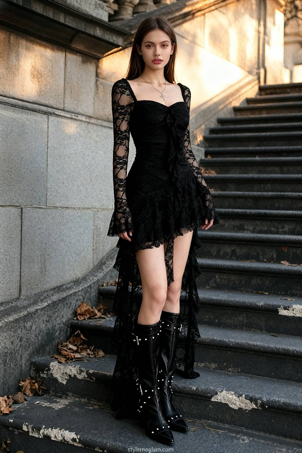 Sweetheart Neckline Lace Ruched Tie Bodice Tiered Ruffle High-Low Mini Dress