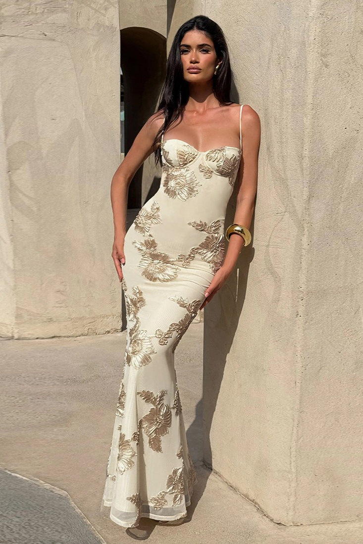 Floral Lace Applique Sweetheart Spaghetti Strap Mermaid Maxi Gown