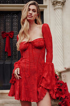 Floral Lace Square Neck Bell Sleeve Bustier Tie Front Mini Dress