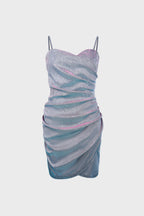 Spaghetti Strap Sweetheart Ruched Shimmer Wrap Front Mini Dress
