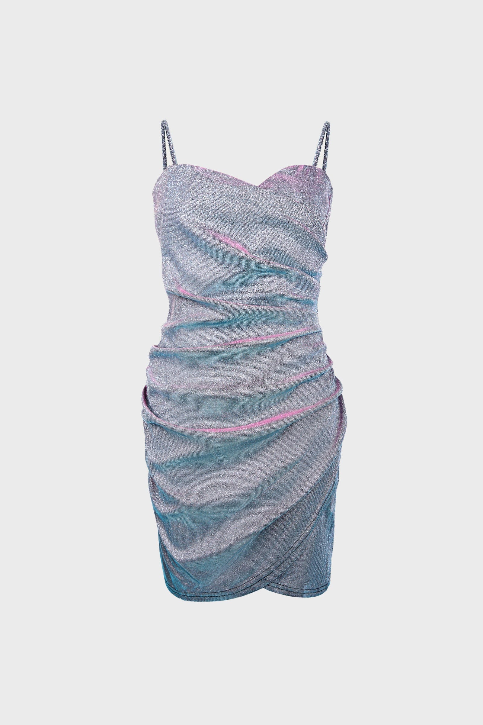 Spaghetti Strap Sweetheart Ruched Shimmer Wrap Front Mini Dress
