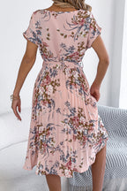 Floral Print Round Neck Fitted Waist Tie Pleated Midi Dress