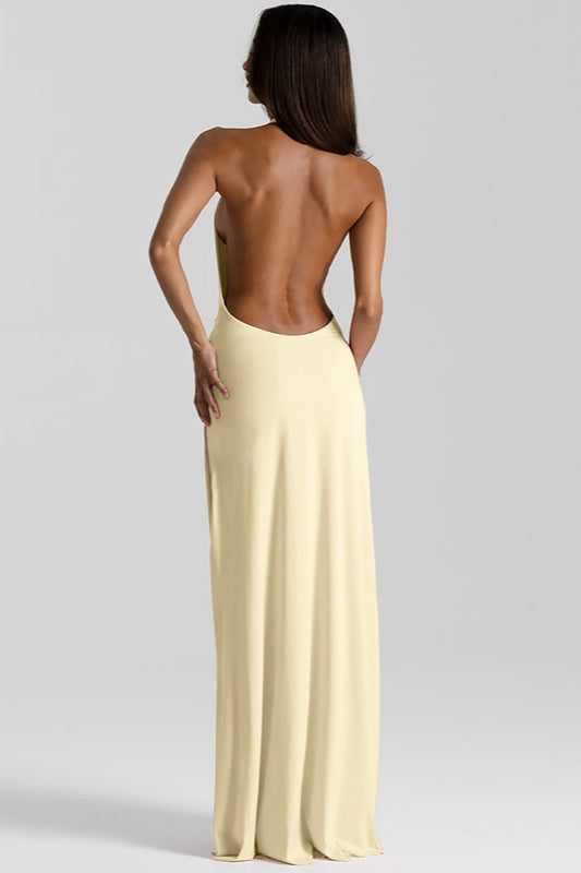 Deep V Halter Ruched Twist Waist Thigh Slit Jersey Maxi Wrap Dress