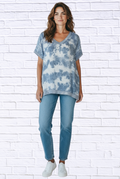 Washed Linen V-Neck Top with Silver Thread Trim _ Relaxed Short Sleeve Casual Chic Blouse
