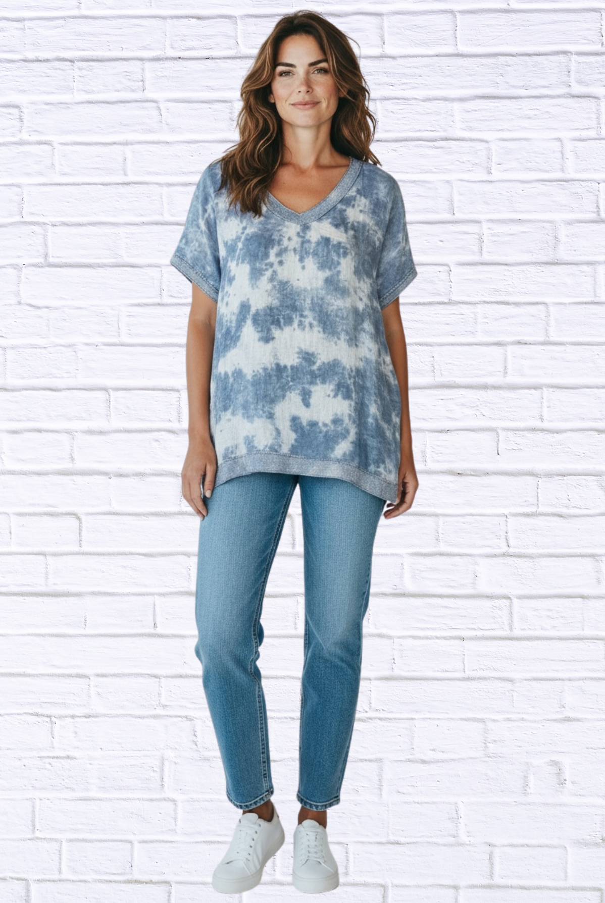 Washed Linen V-Neck Top with Silver Thread Trim _ Relaxed Short Sleeve Casual Chic Blouse