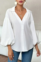 Stylish Polka Dot Print Collared Puff Sleeve Loose Shirt