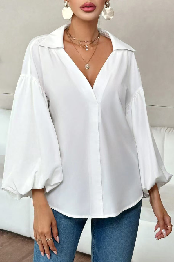 Stylish Polka Dot Print Collared Puff Sleeve Loose Shirt