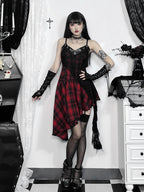 Plaid Patchwork Grommet Trim Asymmetrical Hem Lace Panel Camisole Mini Dress