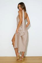 Satin Halter Neck High Split Draped Scarf Midi Cocktail Dress