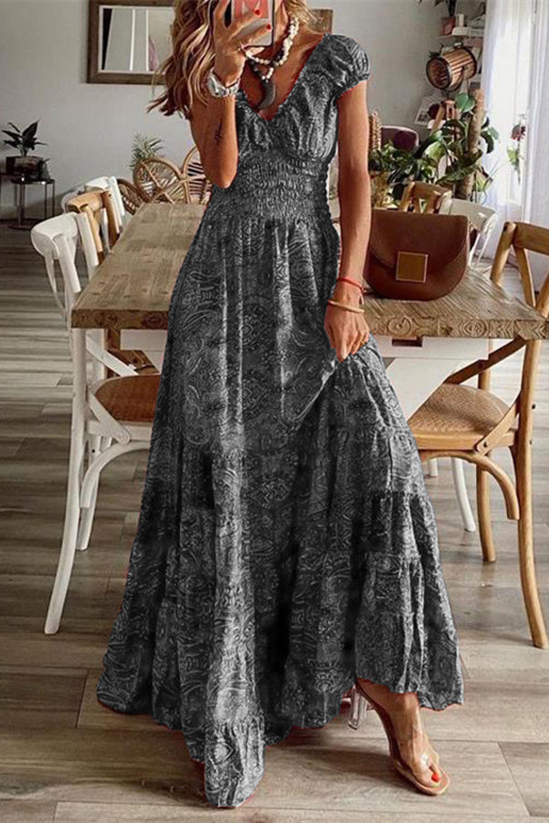 Paisley Print Ruffle V Neck Smocked Waist Tiered Maxi Dress
