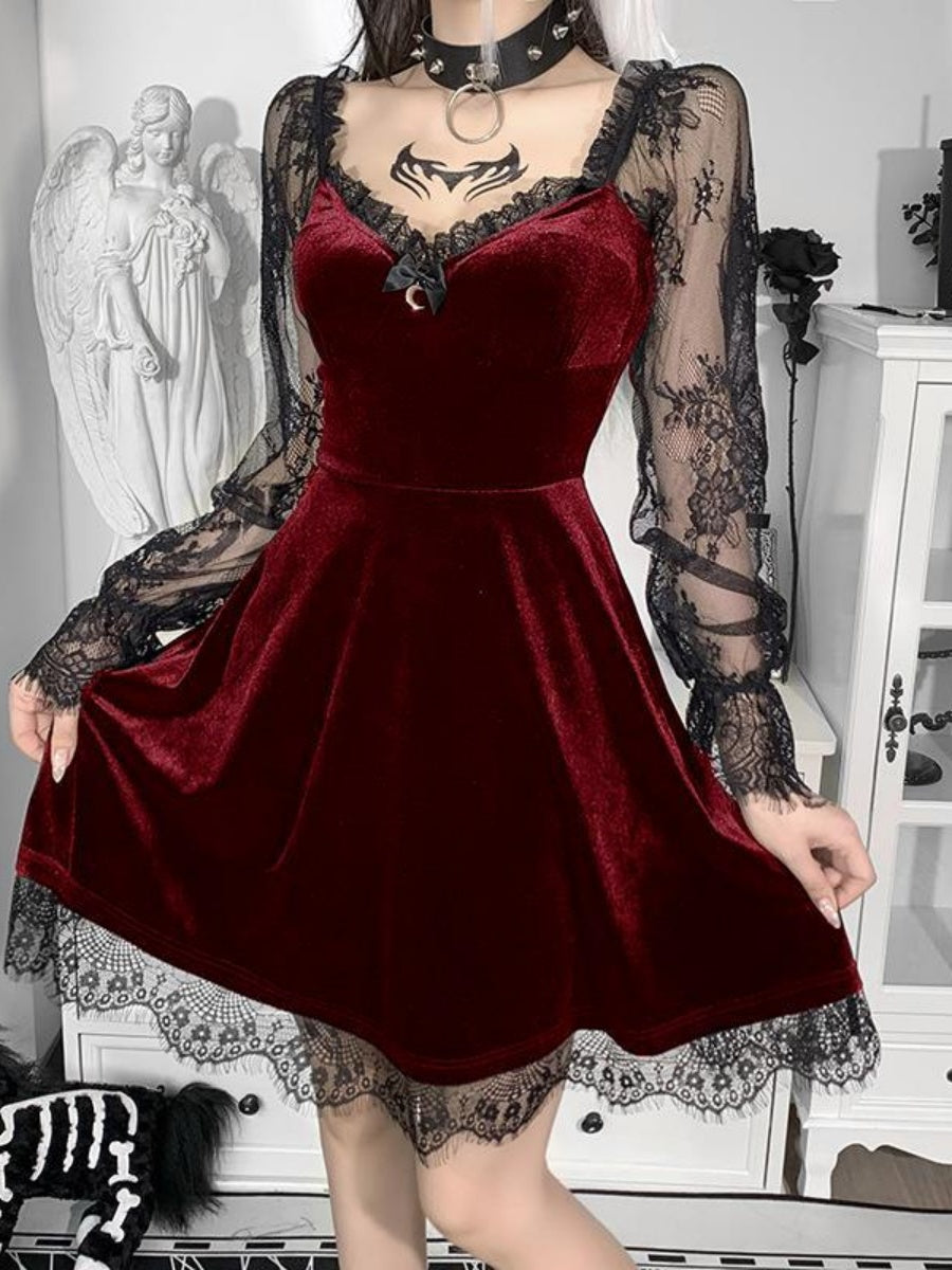 Lace Velvet Long Sleeve Midi Dresses