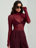 Headband Perspective Turtleneck Slim Fit Party And Nightclub Outfits With Mesh/see-through Tops