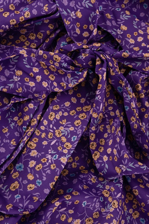 Purple Peter Pan Collar Short Sleeve Tie Waist Tiered Maxi Floral Print Dress