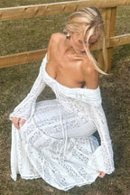 Lace Off Shoulder Ruffle Trim Long Bell Sleeve Vertical Panel Mermaid Maxi Dress