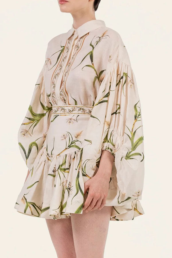 Botanical Print Puff-Sleeve Blouse & Ruffled Skirt Set