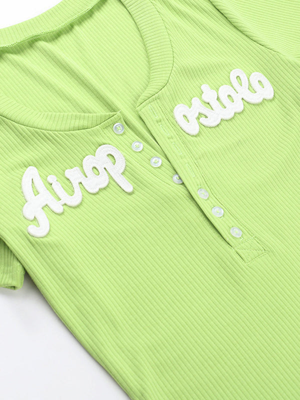 V Neck Letter Print Short Sleeve Knits