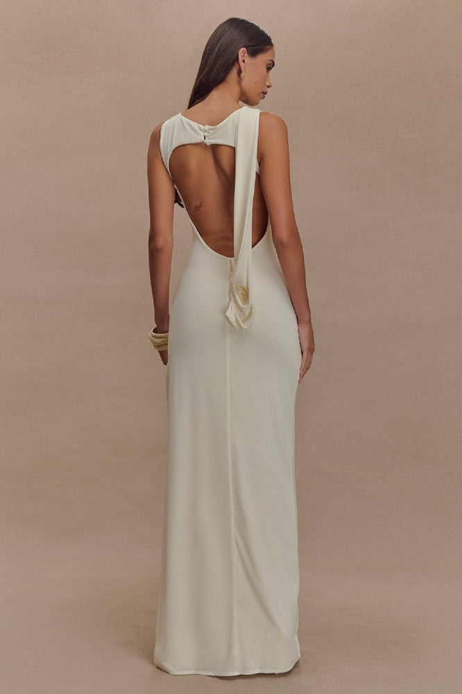 High Neck Ruched Crossover Drape Hip High Slit Jersey Maxi Dress