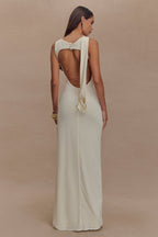 High Neck Ruched Crossover Drape Hip High Slit Jersey Maxi Dress
