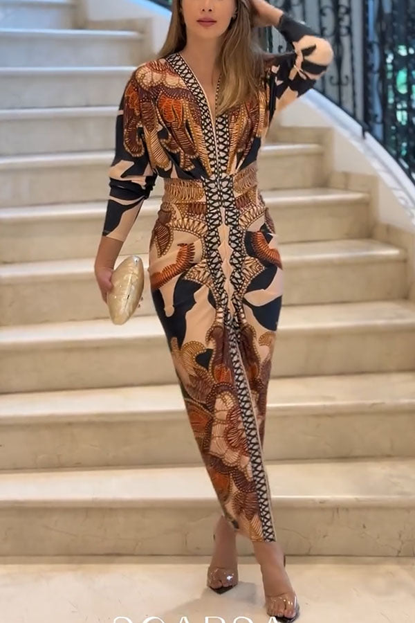 Brazilian Style Unique Print Dolman Long Sleeve Ruched Slit Midi Dress  Vestidos