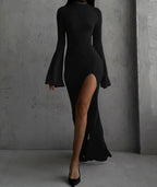 Mock Neck Bell Sleeve High Side Slit Bodycon Maxi Dress