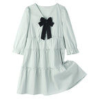 V Neck Bow Front Puff Sleeve Tiered Ruffle Pocket Babydoll Mini Dress