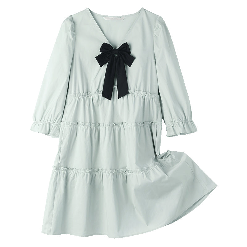 V Neck Bow Front Puff Sleeve Tiered Ruffle Pocket Babydoll Mini Dress