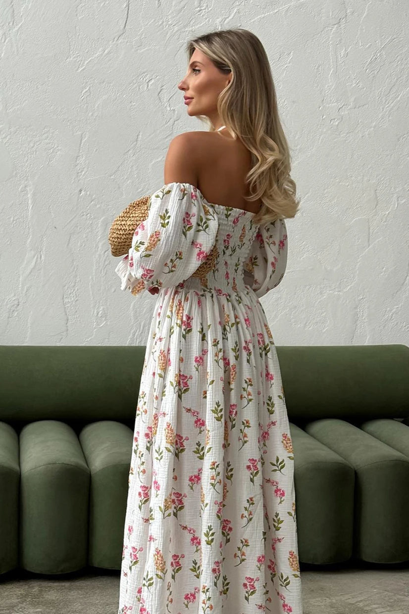 Floral Print Off Shoulder Smocked Puff Sleeve High Split Maxi Dress