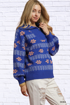 Umgee Floral Patterned Jacquard Quarter-Zip Pullover Sweater
