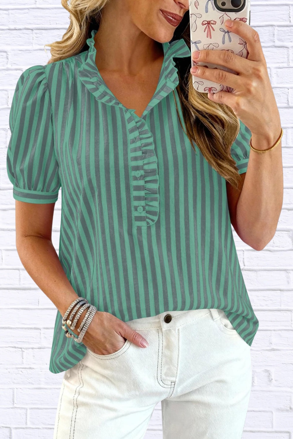 Frill Striped Puff Sleeve Blouse | Chic Women__ Top