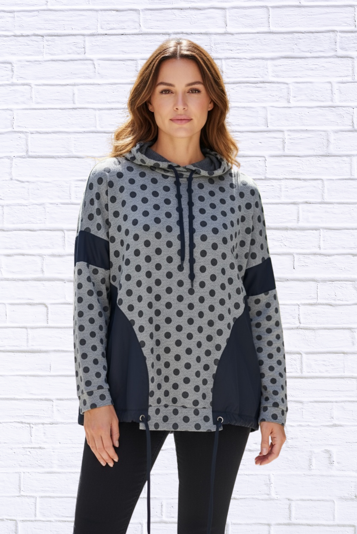 Polka Dot Contrast Panel Hoodie _ Casual Drawstring Long Sleeve Sweatshirt