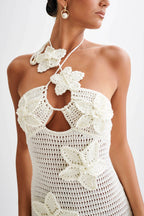 Yasmina Chic Crocheted Maxi Dress with Floral Appliqué Boutique Collection