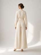 Linen Cotton 2 Piece Set For Women - Elegant Long Sleeves Belted Shirt And Wide Leg Pants - Summer Resort Style 2026