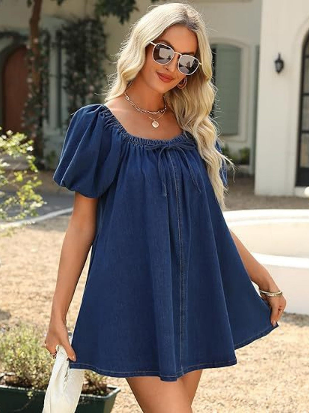 Denim Lace Up Square Neckline And Puff Sleeves Mini&Short Dresses