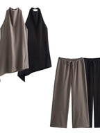 Halter Asymmetrical Jacket Wide-leg Trousers Commuting Set 2-piece Sets