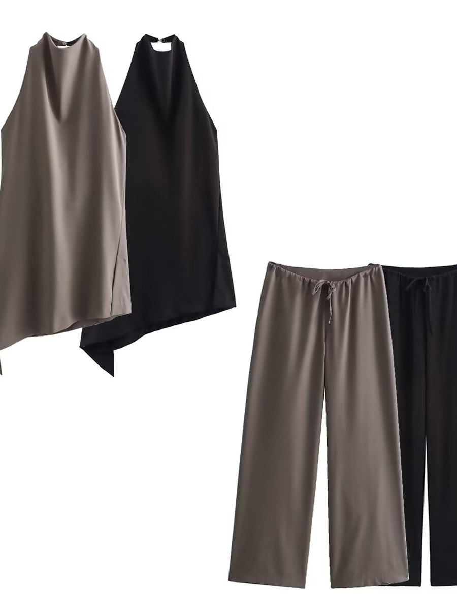 Halter Asymmetrical Jacket Wide-leg Trousers Commuting Set 2-piece Sets