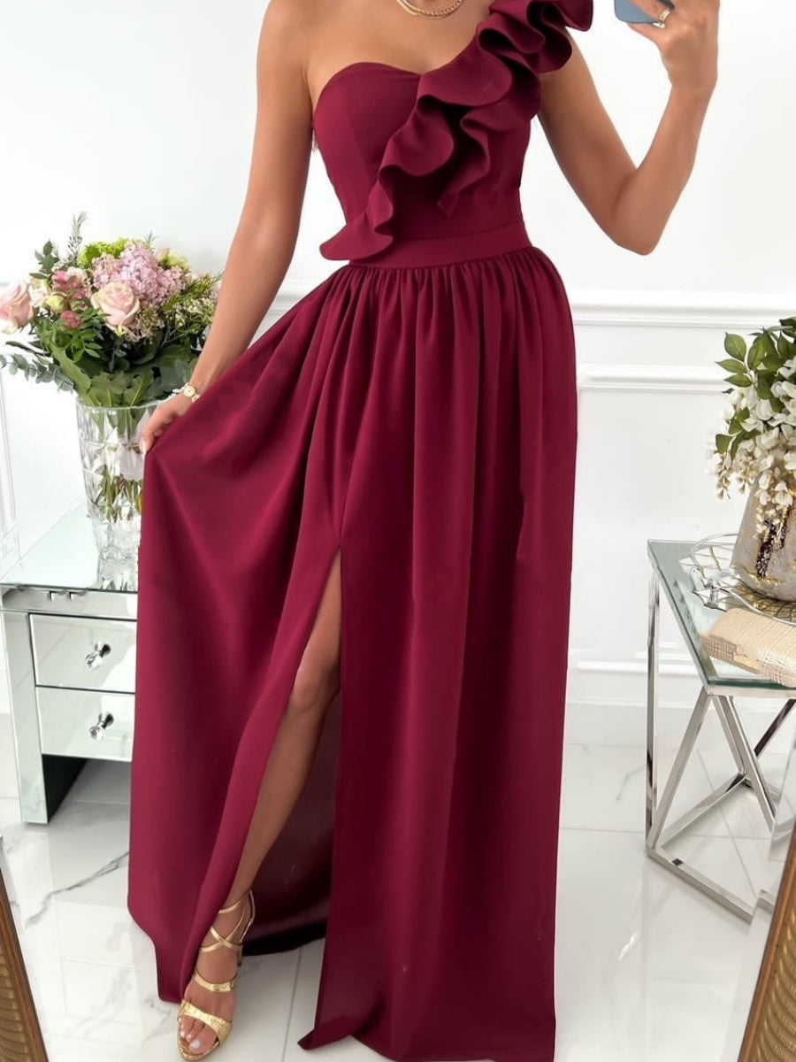 Sloping Shoulders Ruffle Slit Parties Maxi Dresses