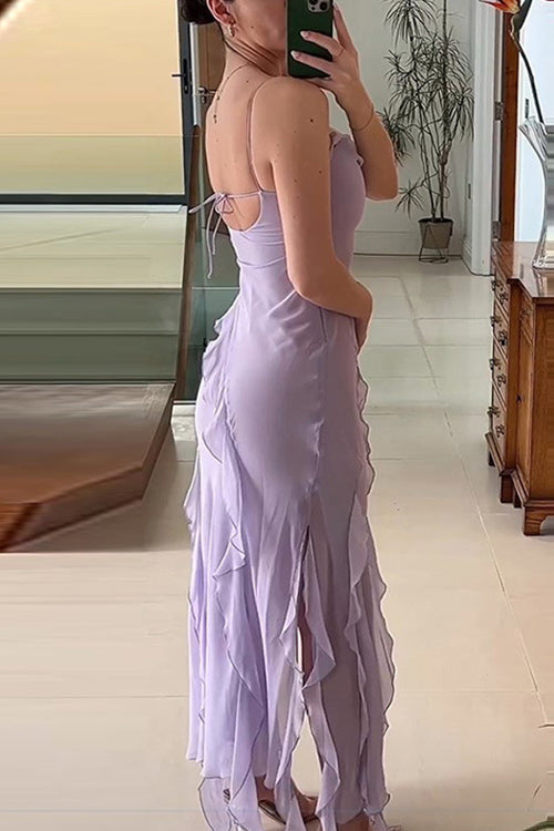 Spaghetti Strap Slit Frills Chiffon Maxi Dress