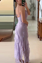 Spaghetti Strap Slit Frills Chiffon Maxi Dress