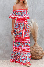 Off Shoulder Ruffle Bardot Tiered Sash Tie Tropical Floral Maxi Dress