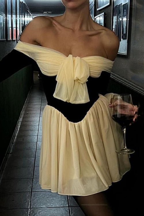 Off Shoulder Bow Front Corset Panel Ruffle Cuff Mini Dress