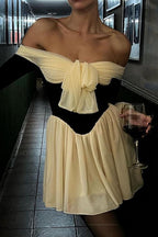 Off Shoulder Bow Front Corset Panel Ruffle Cuff Mini Dress