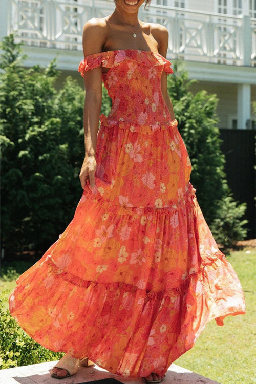 Large Floral Print Off Shoulder Smocked Ruffle Trim Three Tier Maxi Dress