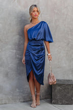 One Shoulder Cape Sleeve Ruched Waist Tulip Wrap Satin Midi Dress