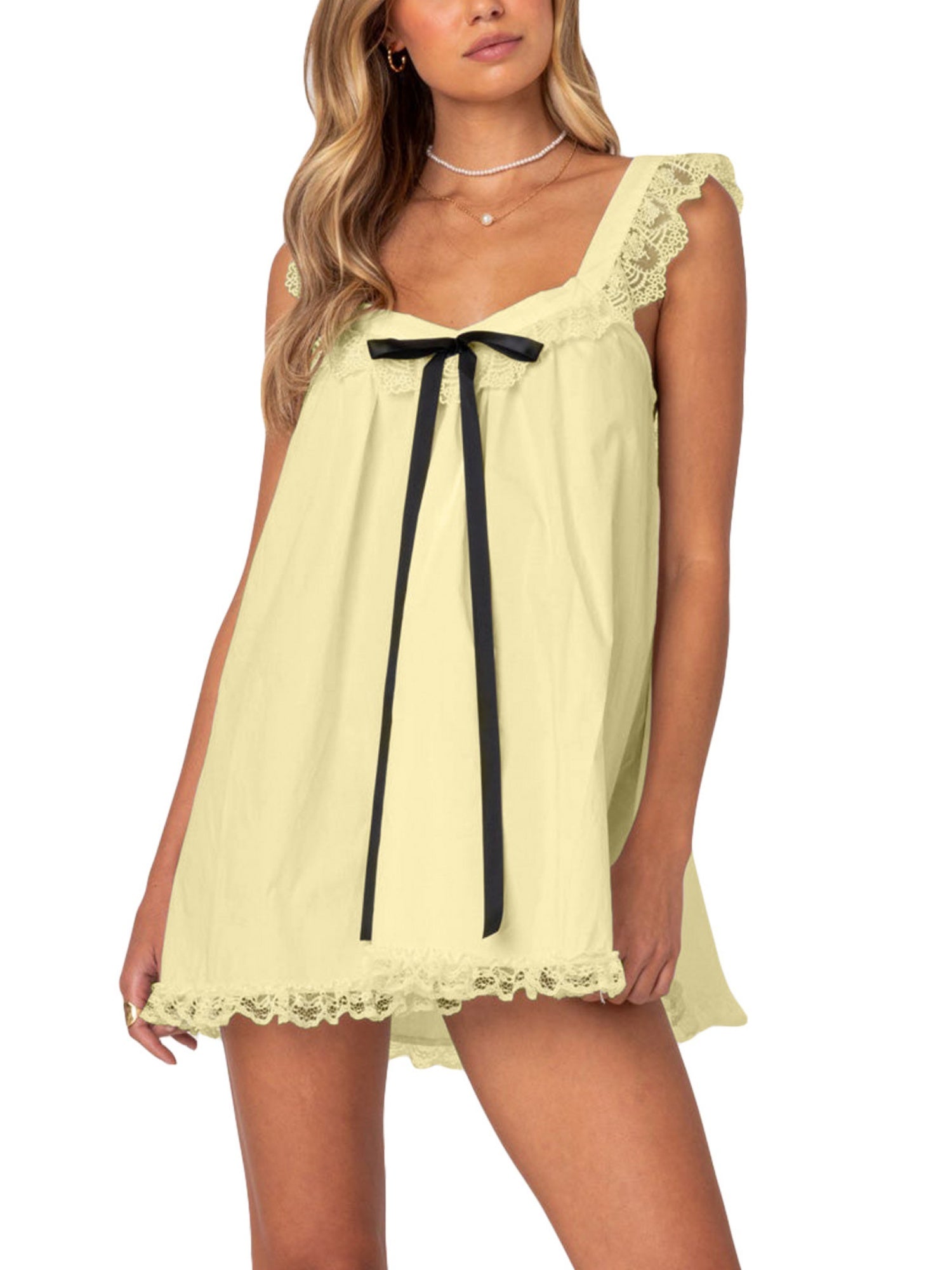 Bow Lace Trim Spaghetti Strap Backless Mini&Short Dresses