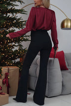 V Neck Long Sleeves Flower Detail Satin Shirt
