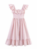 Square Collar Ruffle Button Slit Big Swing Sweet Maxi Dresses